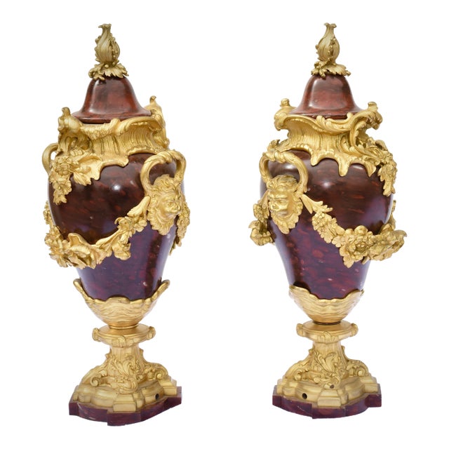 19th C. French Rouge Marble and Dore Bronze Urns For Sale
