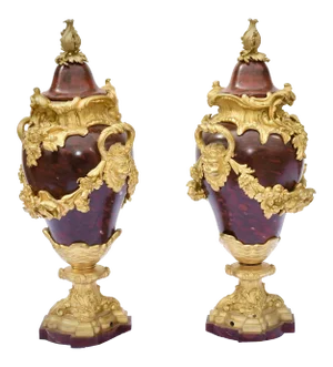 19th C. French Rouge Marble and Dore Bronze Urns