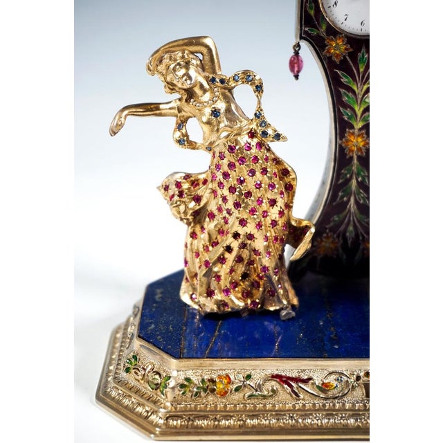 Viennese Glass and Silver Belle Epoque Splendour Clock with Enamel and Gemstones, 1880 For Sale - Image 5 of 16