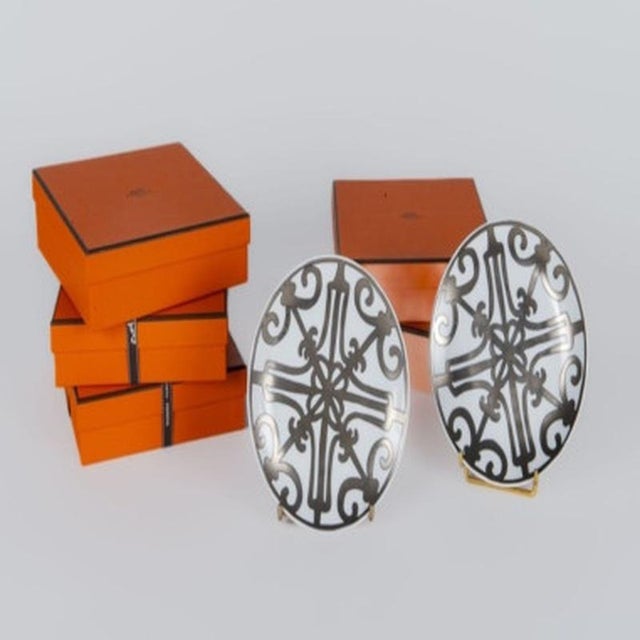 HERMES Paris Balcon du Guadalquivir Service: 12 Platinum-Enameled Porcelain Bread Plates Balcon du Guadalquivir Bread...