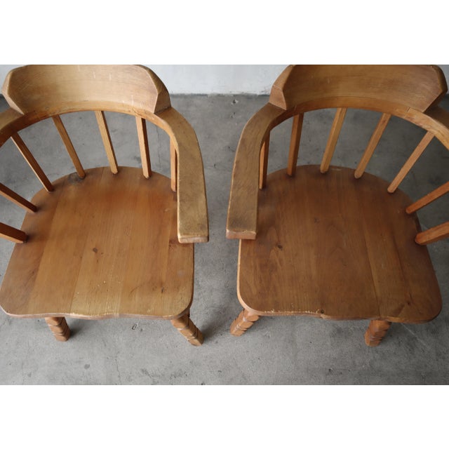 Brown Pair of Antique Craftsman Wood Barrel Arm Chairs For Sale - Image 8 of 9
