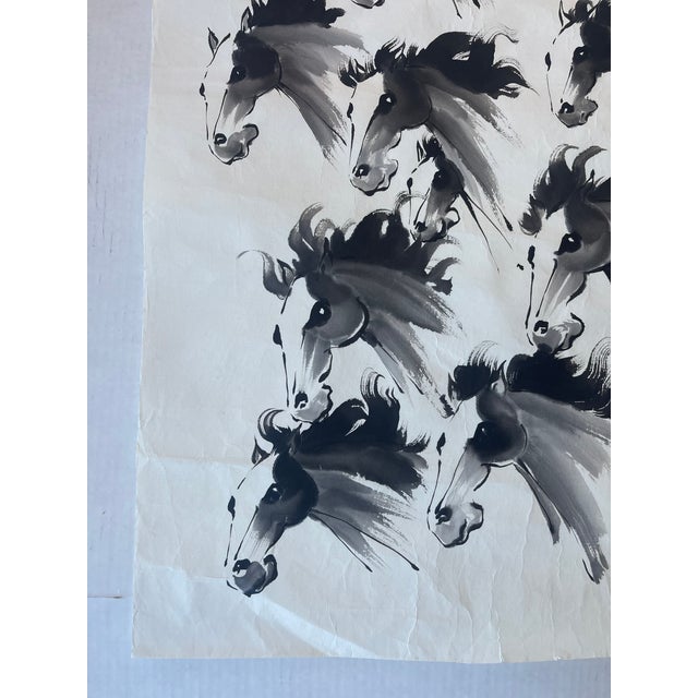 Asian Expressive Vintage Ink Horse Painting by j.p. Gaston in Asian Brush Style on Rice Paper. For Sale - Image 3 of 10
