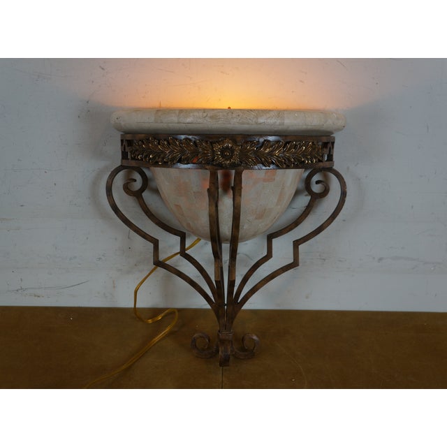 Metal Late 20th Century Maitland Smith Wrought Iron Tesselated Stone Marble Wall Sconce Light For Sale - Image 7 of 11