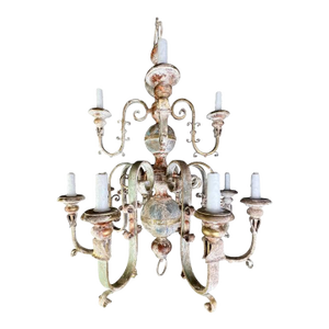 1 Active Conversation Twelve Light Spanish Wrought Iron & Wood Painted Chandelier