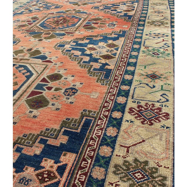 Vintage Oushak Rug From Turkey With Medallions in Salmon Pink and Blue For Sale In Atlanta - Image 6 of 8