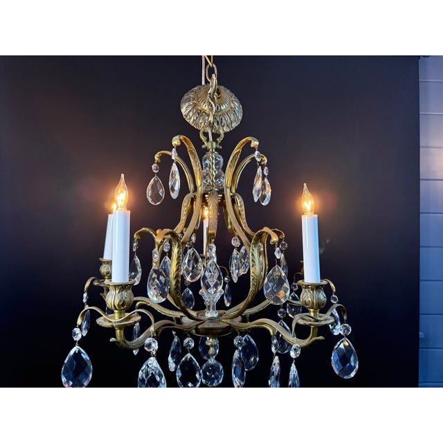 Antique French Brass & Crystal Birdcage Chandelier – 5 Light For Sale - Image 11 of 17