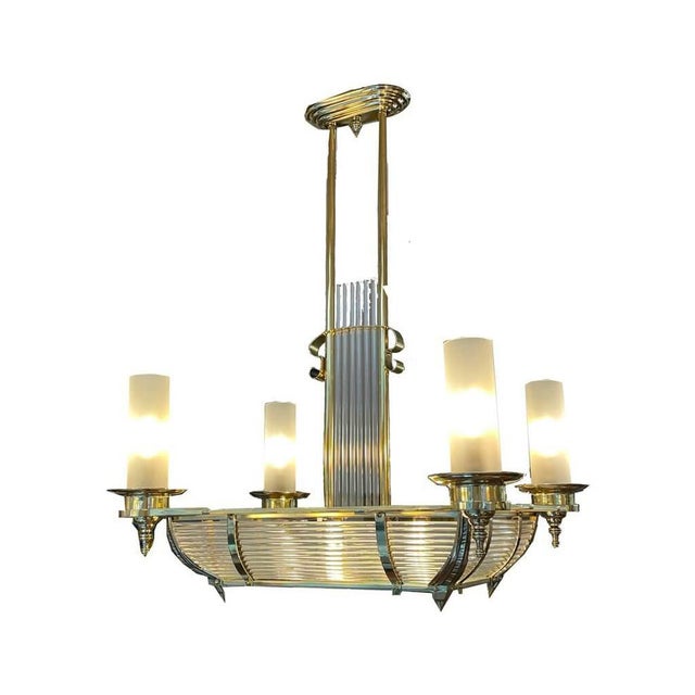 Art Déco ceiling lamp Petitot Paris around 1930. Brass zaponed. 6 light sources. Height: 87 cm | Width: 52 cm | Length: 67...