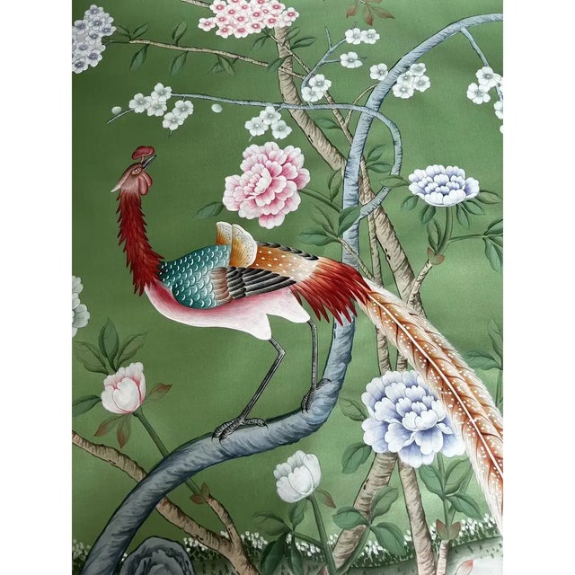 Green Chinoiserie Murals Hand Painted Wallpaper Artworks For Sale - Image 4 of 4