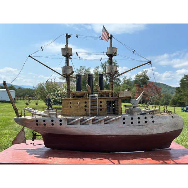 Truly unique 19th C. American Folk Art / Primitive American Battleship / Steam Ship Model Amazing detail, artisan crafted,...