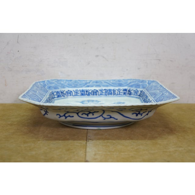 Blue Antique Japanese Blue & White Octagonal Imari Serving Plate Platter For Sale - Image 8 of 14