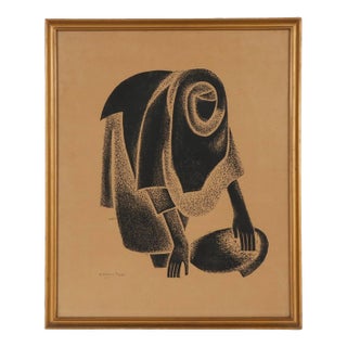 Original Mid 20th C. Framed Elephant Folio El Hussein Fawzi Ltd. Edition Abstract Figural Lithograph - "Filling Jar on the Nile" For Sale