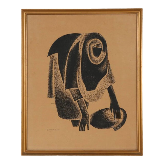 Original Mid 20th C. Framed Elephant Folio El Hussein Fawzi Ltd. Edition Abstract Figural Lithograph - "Filling Jar on the Nile" For Sale