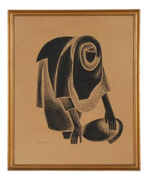Original Mid 20th C. Framed Elephant Folio El Hussein Fawzi Ltd. Edition Abstract Figural Lithograph - "Filling Jar on the Nile"