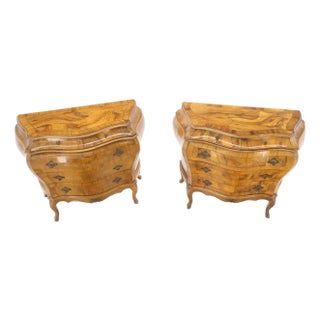 Pair of Italian Olive Burl Wood Patched Veneer Bombay Small Dresser Stands Table For Sale
