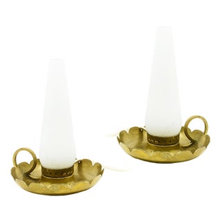 Brass and Opaline Glass Bedside Table Lamps in the style of Arreduloce, 1940s, Set of 2 For Sale