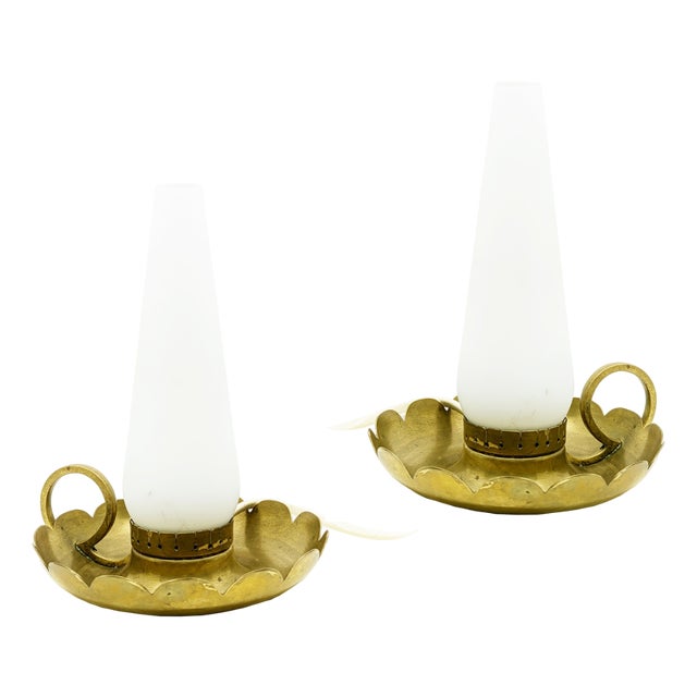 Brass and Opaline Glass Bedside Table Lamps in the style of Arreduloce, 1940s, Set of 2 For Sale