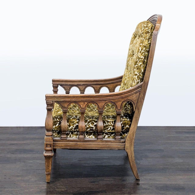 Thomasville Thomasville Vintage Lounge Chair With Carved Wood Frame and Green Floral Upholstery For Sale - Image 4 of 8
