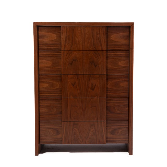 Mid-Century Modern Widdicomb Mid Century Walnut Five Drawer Tall Chest Restored For Sale - Image 3 of 17
