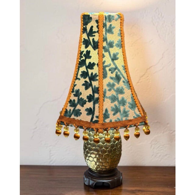Designer Covington Teal Bunny Velvet Lamp Shade Tapered Drum With Brown Beaded Fringe That Glows For Sale - Image 4 of 6