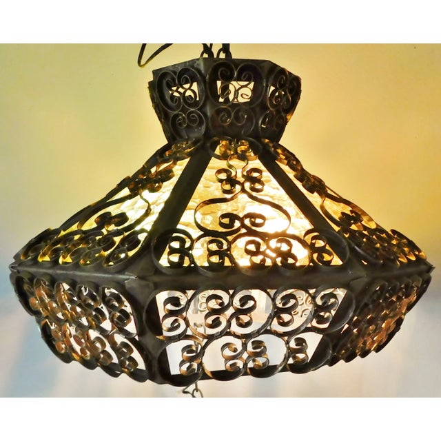 1970s Vintage Mid 20th Century Gold Wrought Iron Scroll Amber Stained Glass Octagon 4 Light Chandelier For Sale - Image 5 of 8
