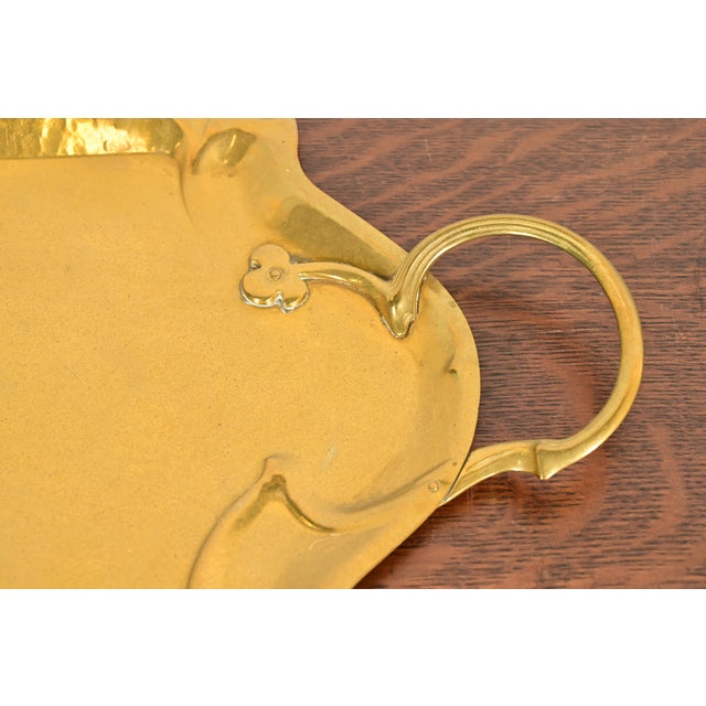Metal Liberty & Co. Style English Arts & Crafts Hammered Brass Handled Serving Tray For Sale - Image 7 of 11