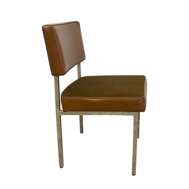 Brown Vintage Industrial Steel Toned Dining Chair - Brown Seat & Brown Vinyl Like Back For Sale - Image 8 of 9