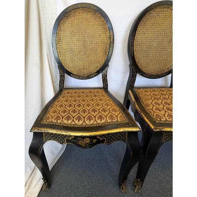 Antique English Chinoiserie Lacquer Chairs With Cane Backs and Brass Sabots- Set of 4 For Sale - Image 4 of 18