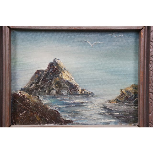 Mid 20th Century Anajane Nautical Coastal Rock Seagull Seascape Oil Painting on Canvas 15" For Sale - Image 5 of 10