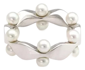 Mikimoto Akoya Pearls 18k White Gold Fancy Band Ring, Size 4