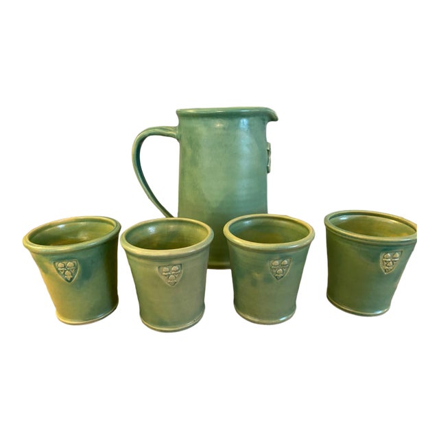 Arts and Crafts Ceramic Pitcher With Cups - 5 Piece Set For Sale