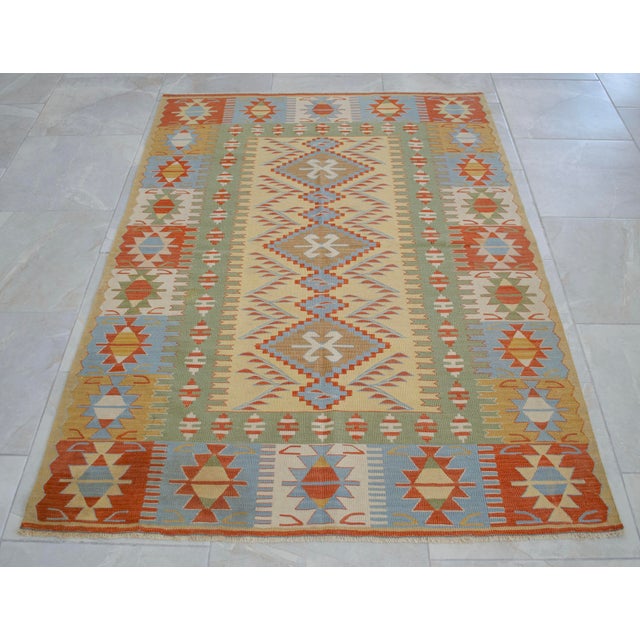 Hand Woven Super Fine Turkish Oushak Kilim Ultra Quality Flat Weave Wool Rug - 3′9″ × 5′4″ For Sale - Image 6 of 16