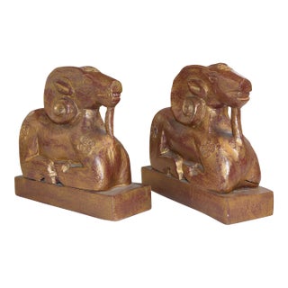 Pair Carved Wood Seated Rams Gold / Burgundy Wash For Sale