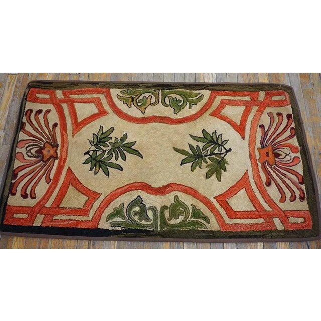 American Impressive Beige, Red and Green Color With Floral Design Antique American Hooked Rug For Sale - Image 3 of 10