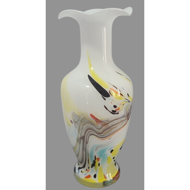 Mid-Century Modern Vintage Murano Attributed Multi-Color Art Glass Scalloped Edge Hand-Blown Vase For Sale - Image 3 of 9