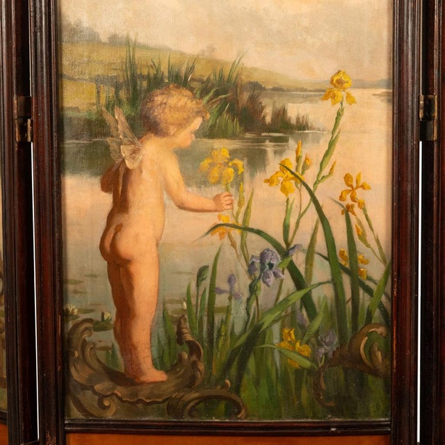 Antique French Rococo Oil Canvas Walnut Painting Landscape Cherubs Screen 1870 For Sale - Image 14 of 18