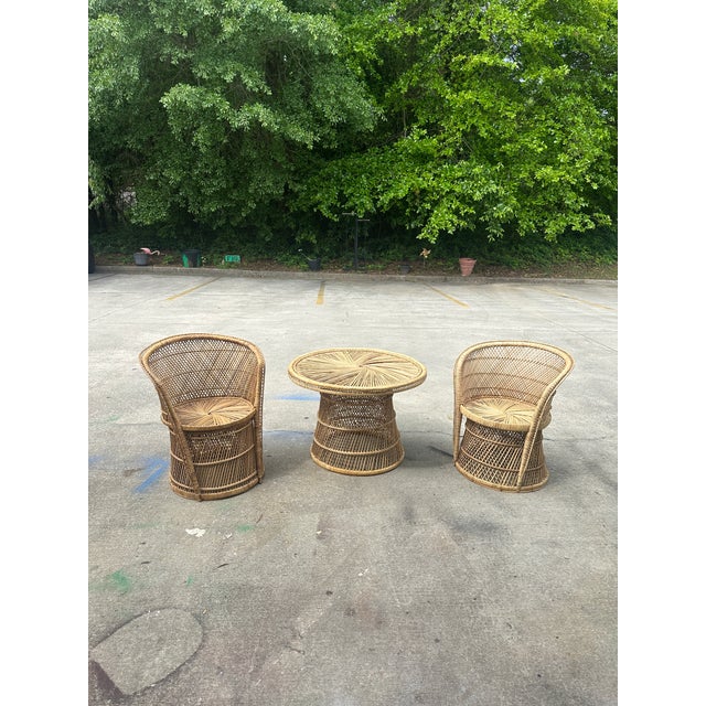 1970s Rattan Wicker Collection Pair of Chairs and Matching Table White Glove Trio For Sale - Image 9 of 9