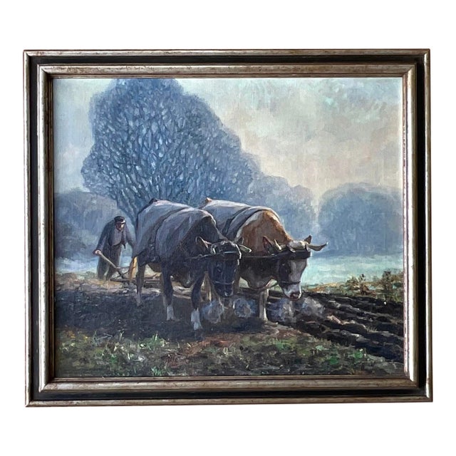 Vintage Boho Original Oil Pastoral Painting Signed Eugen Osswald For Sale