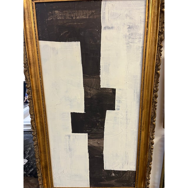 Original B&W Abstract Painting in Antique Frame by Shannon Weir, Acrylic on Panel