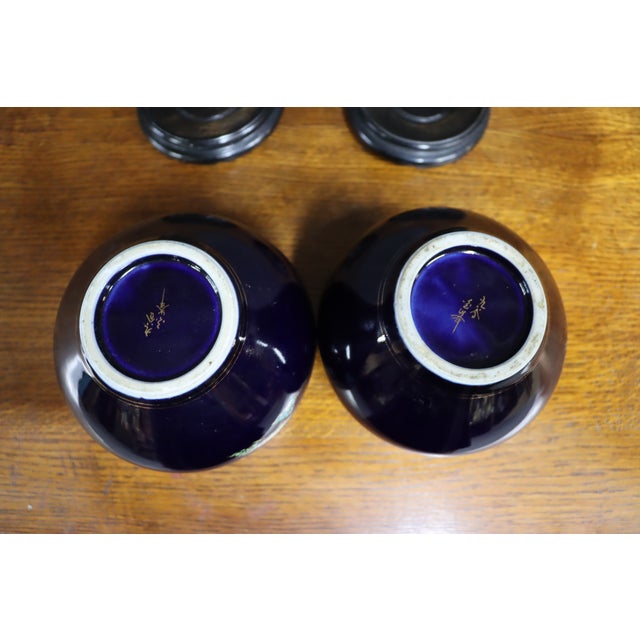 Ceramic Pair of Japanese Cobalt Blue Porcelain Vases With Copper Overlay For Sale - Image 7 of 12