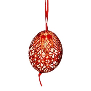 Pysanka Easter Egg - Hand-Decorated Painted Wax Resist - Red/Orange Geometric For Sale