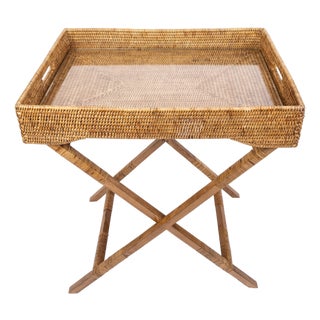 Artifacts Rattan Butler Tray Table 25.5" with Glass Insert, Honey Brown For Sale
