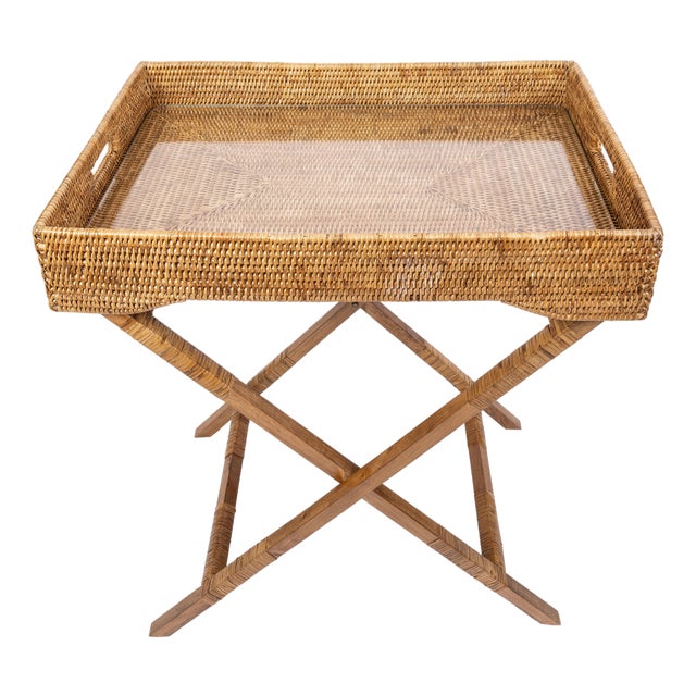 Artifacts Rattan Butler Tray Table 25.5" with Glass Insert, Honey Brown For Sale