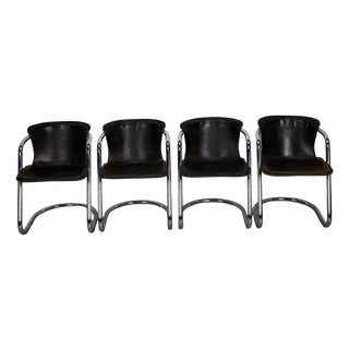 Brown Leather Dining Chairs, 1970s, Set of 4 For Sale
