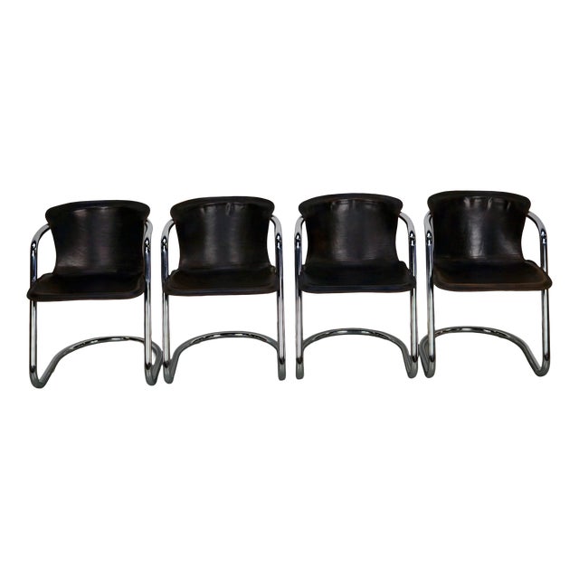 Brown Leather Dining Chairs, 1970s, Set of 4 For Sale