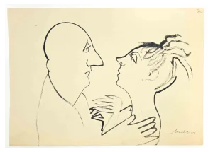 Mino Maccari, Lovers, Ink Drawing, 1960s