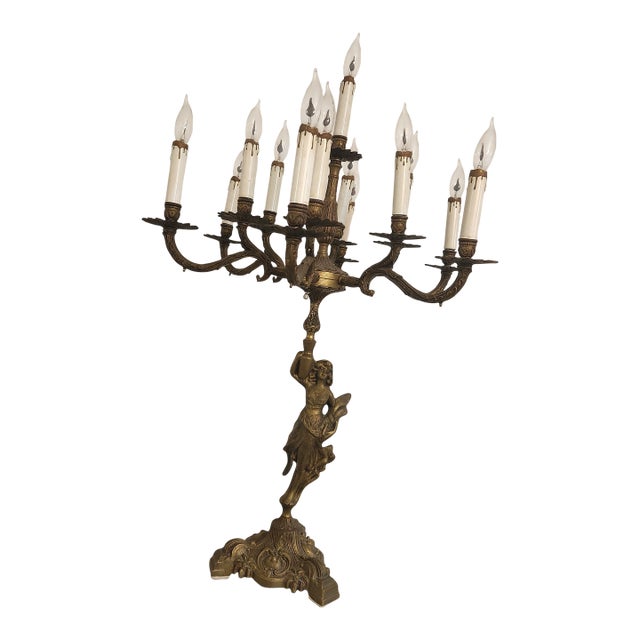 Monumental Brass Figural Maiden 13-Light Candelabrum, Circa 1960s For Sale