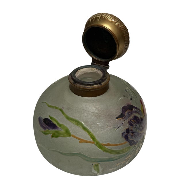 Art Nouveau Huge Antique Daum Nancy France Art-Nouveau Cameo Glass & Bronze Inkwell For Sale - Image 3 of 5