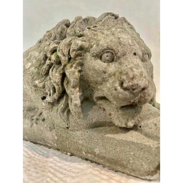 Rustic European Vintage Weathered Concrete Recumbent Lion Garden Sculpture 16.5” For Sale - Image 3 of 10