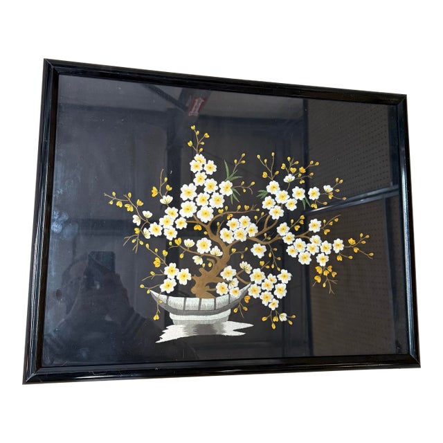 Vintage Asian Needlepoint on Black Silk Hand Made Floral Art Framed 23.5x19.5 For Sale