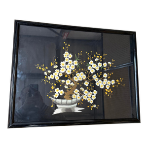 Vintage Asian Needlepoint on Black Silk Hand Made Floral Art Framed 23.5x19.5